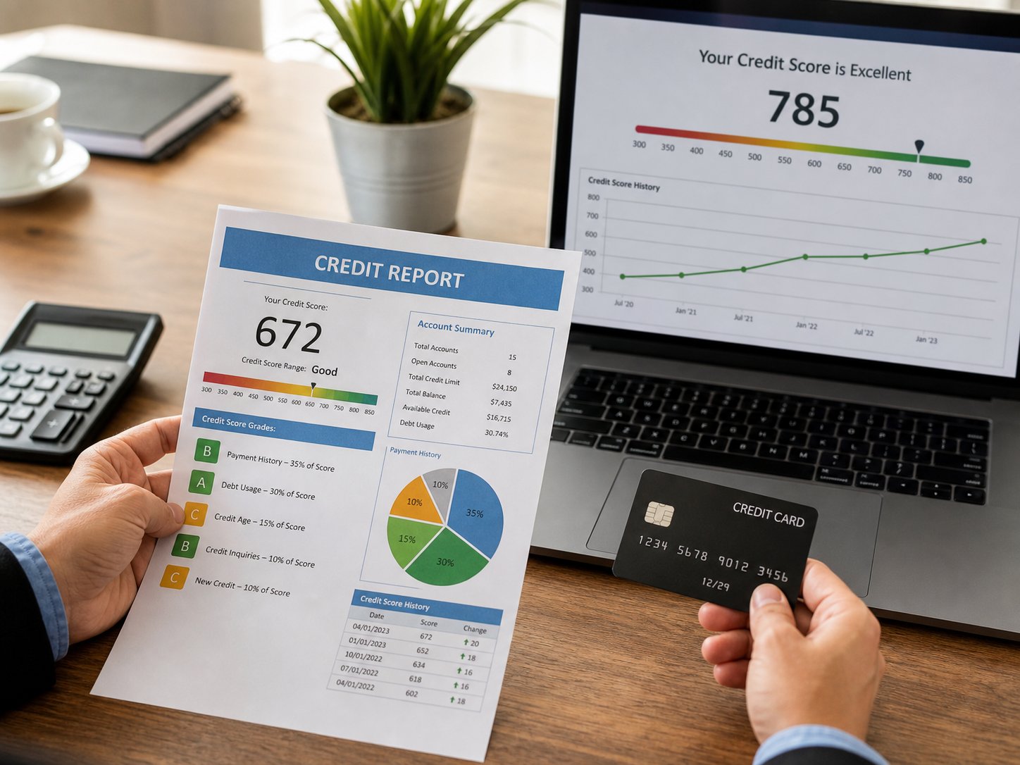 Advisor reviewing a credit report and credit card on a desk