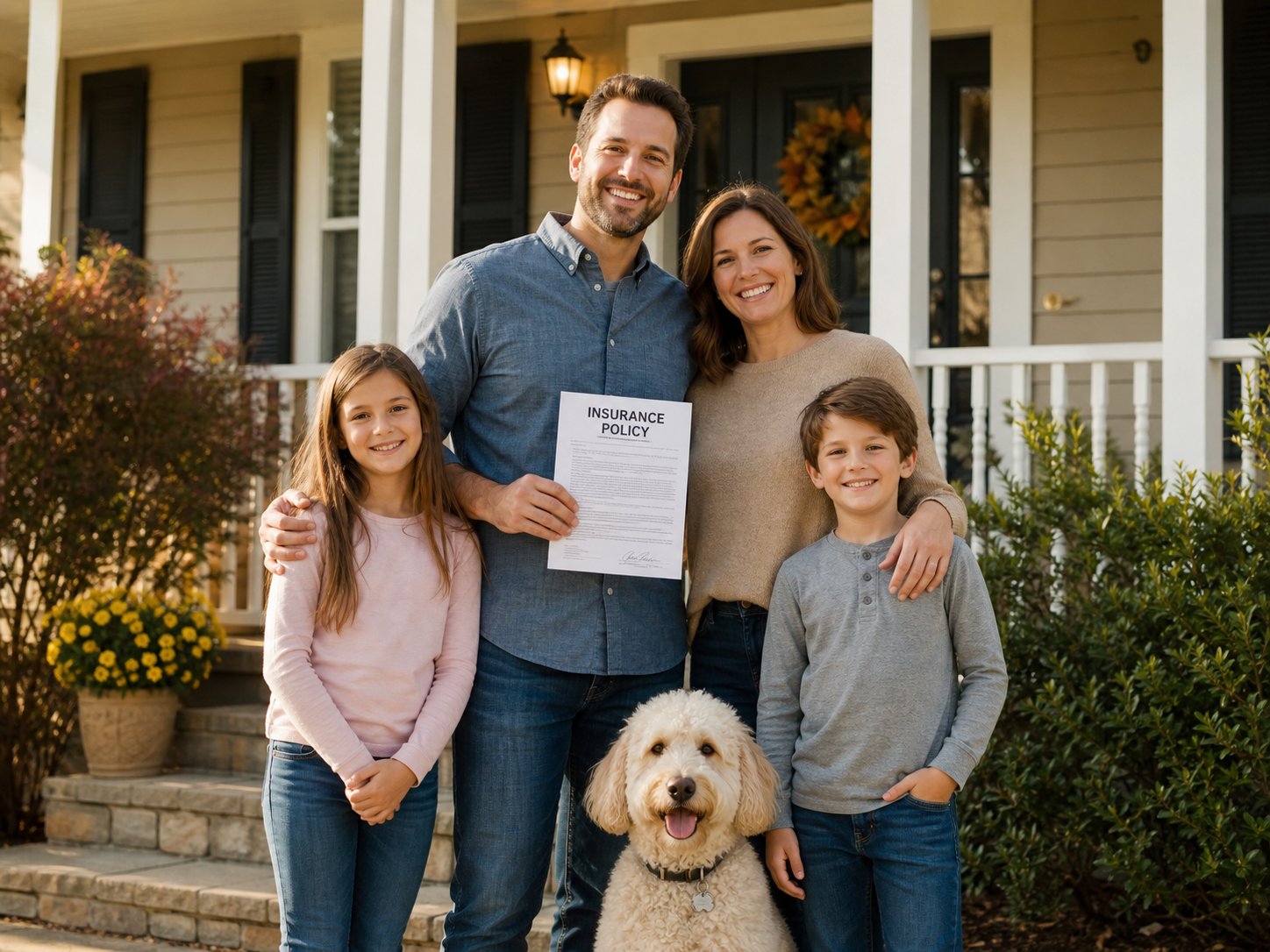 A family with their pet on the porch of their insured home