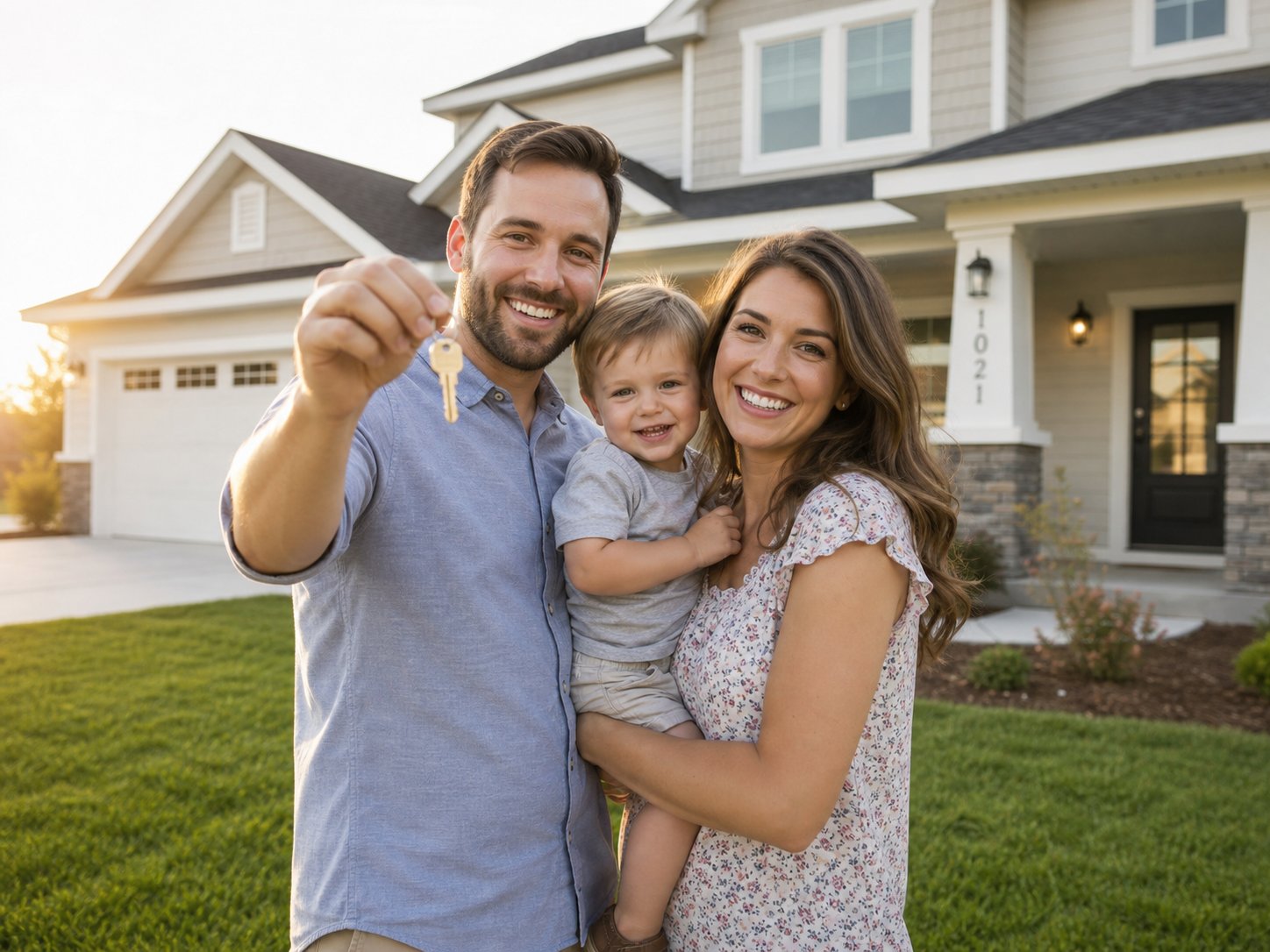 A family holding the keys to their newly purchased home