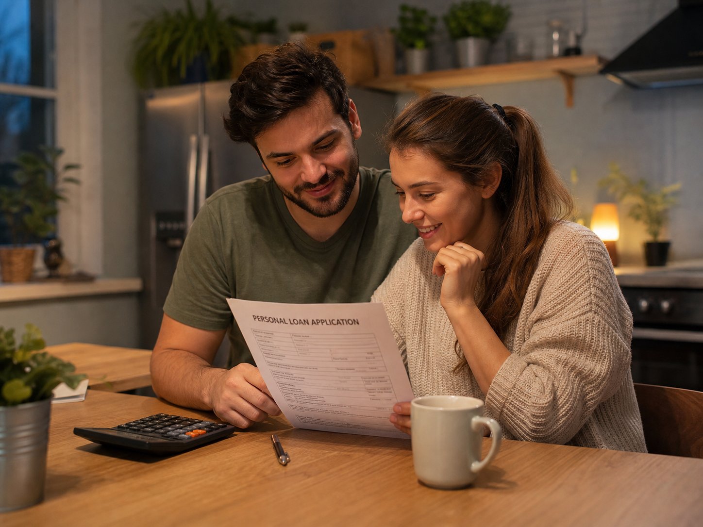 A couple reviewing a personal loan application at their kitchen table
