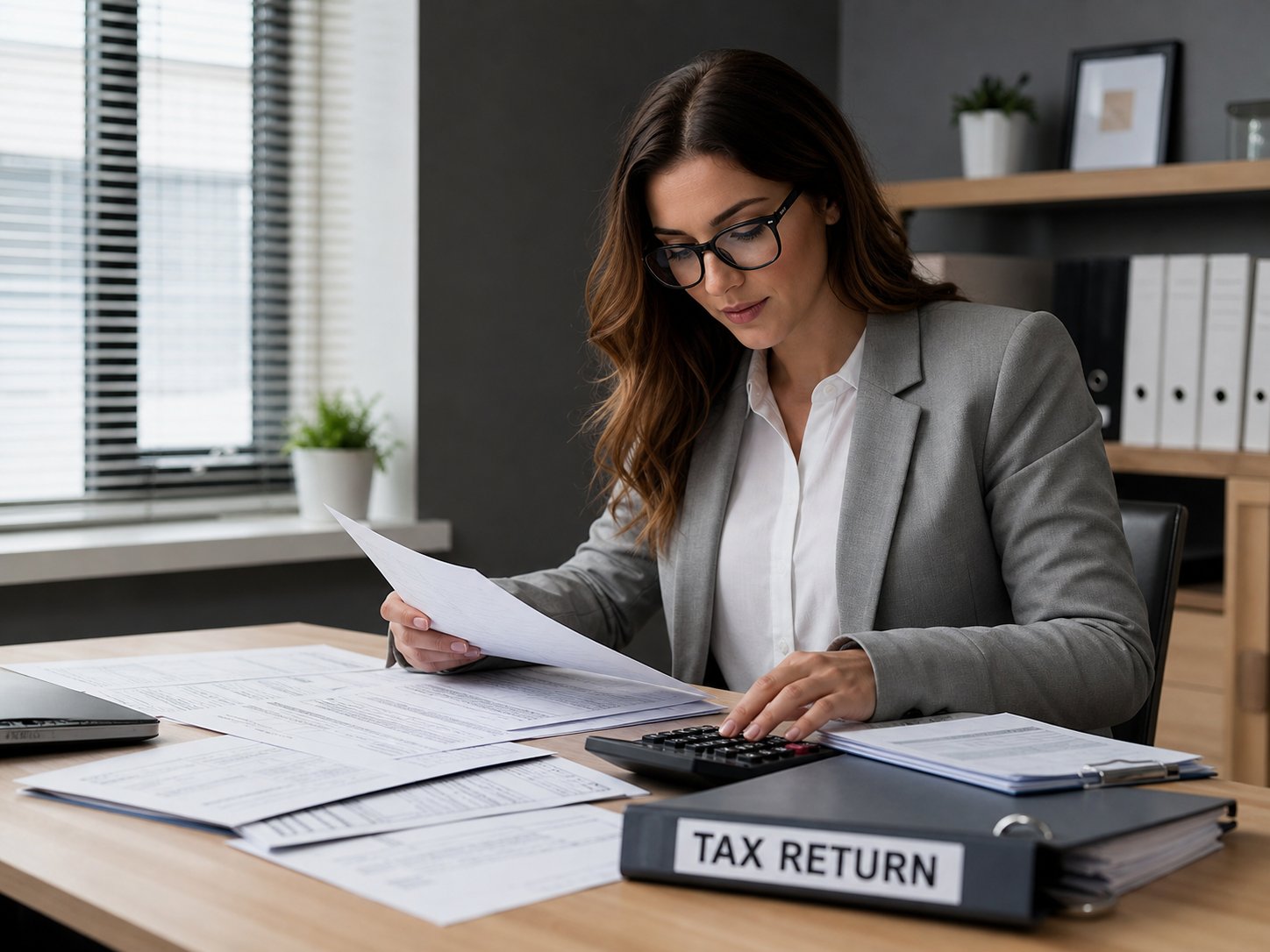 Tax specialist organizing settlement documents on a desk