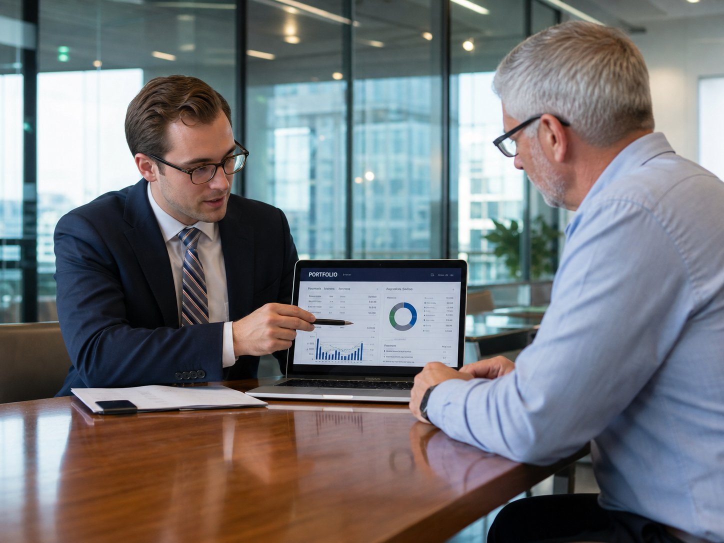 Wealth planner pointing at an investment chart with a client